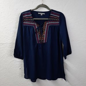 NWT Valerie Stevens Navy Embroidered Blouse Small